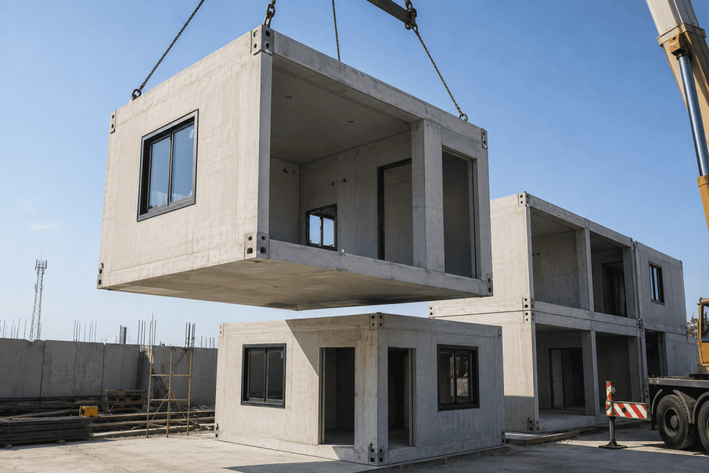 Prefabricated modular concrete unit being installed